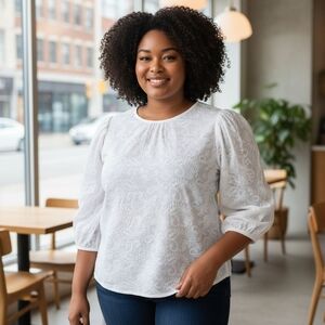 Kindred White Embroidered Blouse Puff Sleeve Cotton Top Keyhole Large